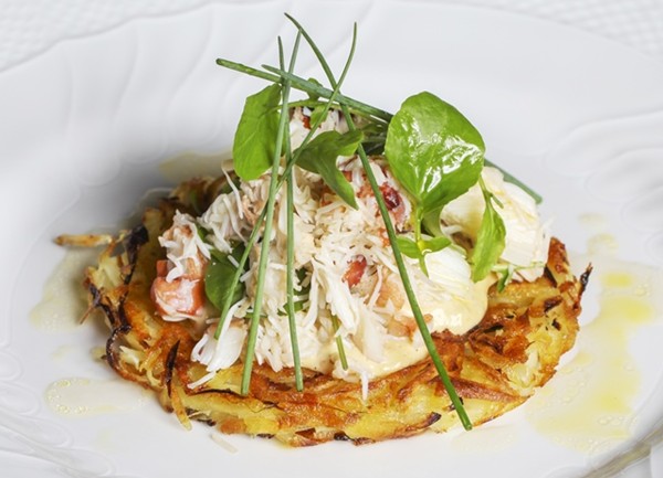 Portland crab rosti with land cress and chives