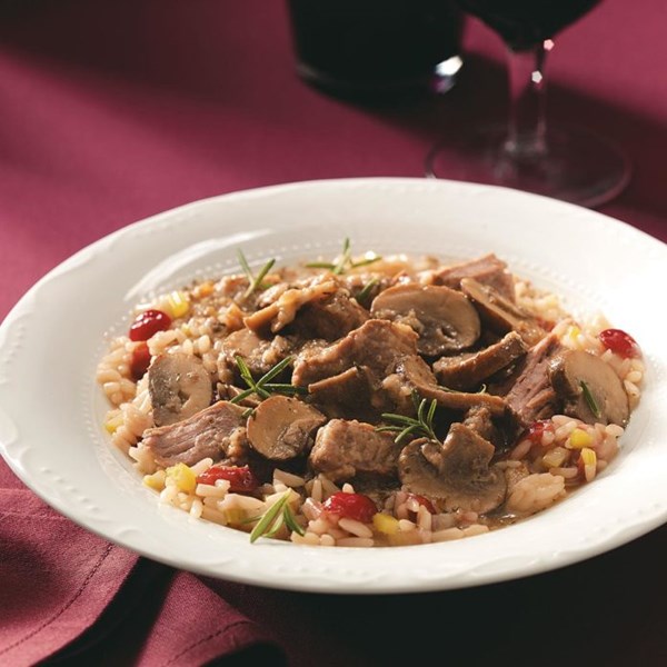 Portobello beef stew with cranberry pilaf