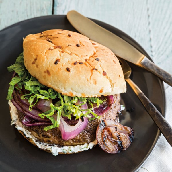 Portobello burgers with herbed chèvre & grilled onions