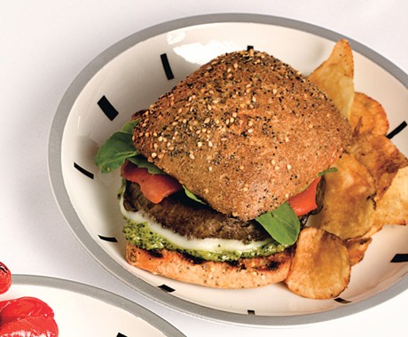 Portobello burgers with pesto, provolone, and roasted peppers