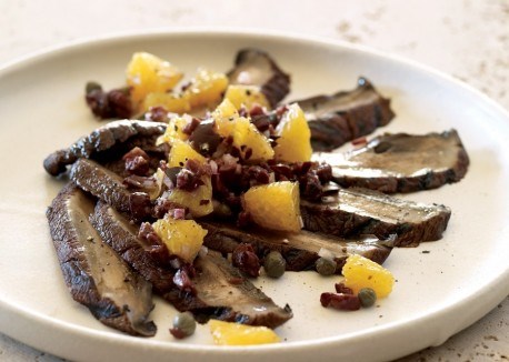 Portobello carpaccio with orange-Kalamata tapenade