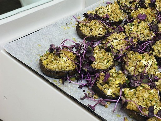 Portobello mushrooms with pearl barley and preserved lemon