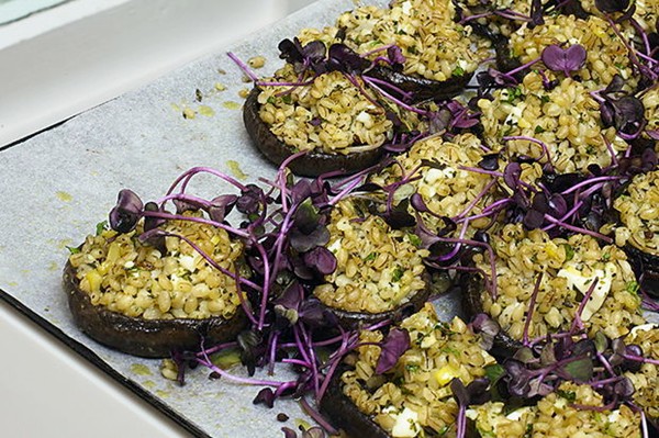 Portobello mushrooms with pearled barley and preserved lemon