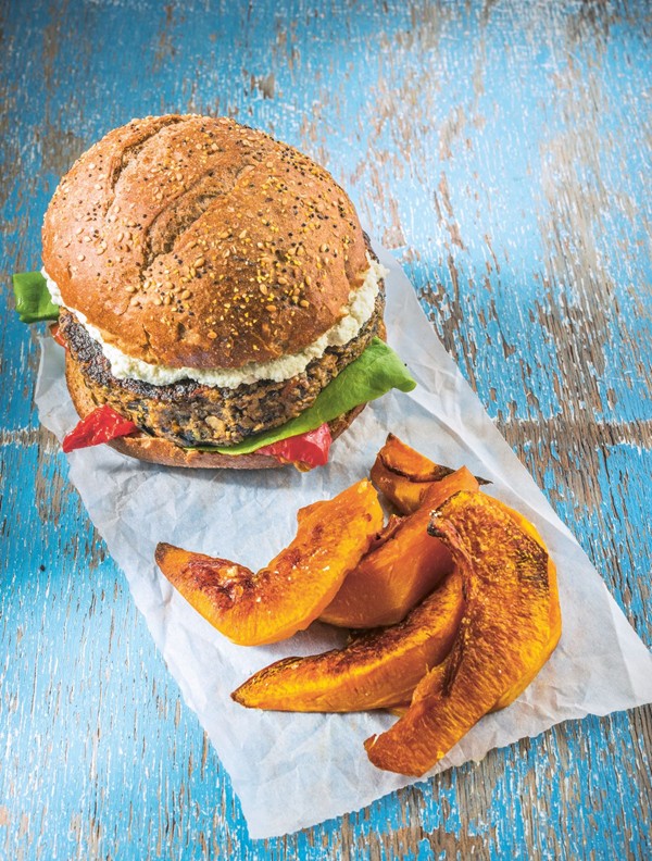 Portobello pecan burgers with roasted pumpkin wedges