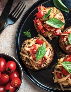 Portobello pizzas with sunflower mozzarella