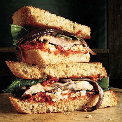 Portobello sandwiches with red pepper sauce