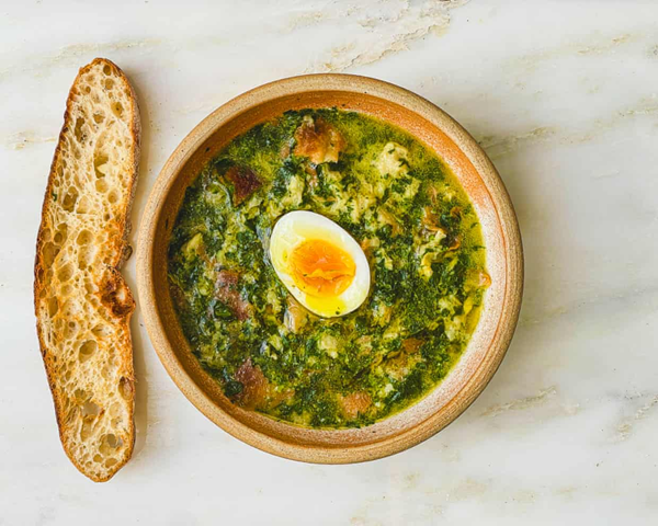Portuguese coriander and garlic bread soup with optional cod (açorda)