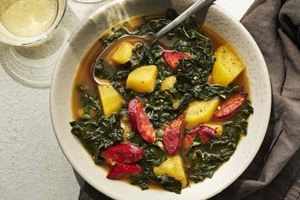 Portuguese potato and kale soup with sausage (Caldo verde)