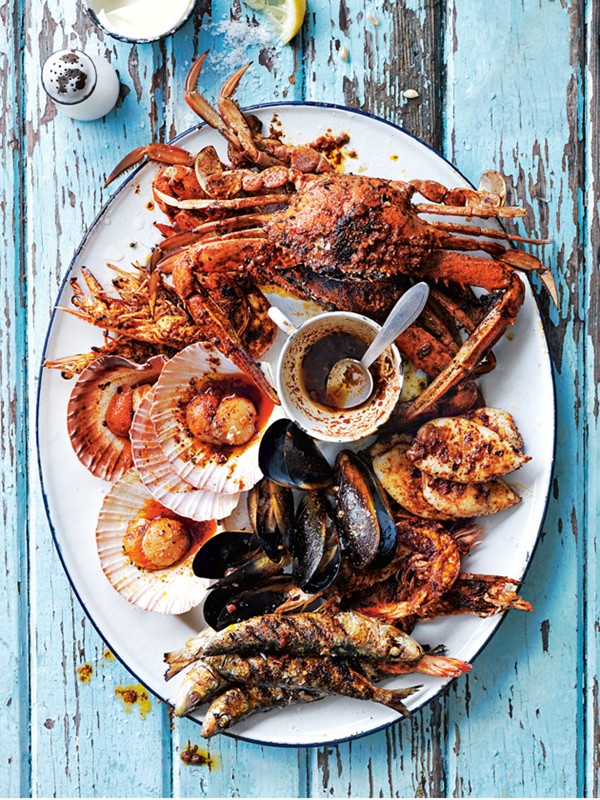 Portuguese-style barbecued seafood platter