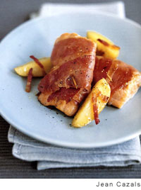 Portuguese trout cooked in smoked ham overcoats (Trutas à moda de bragança)