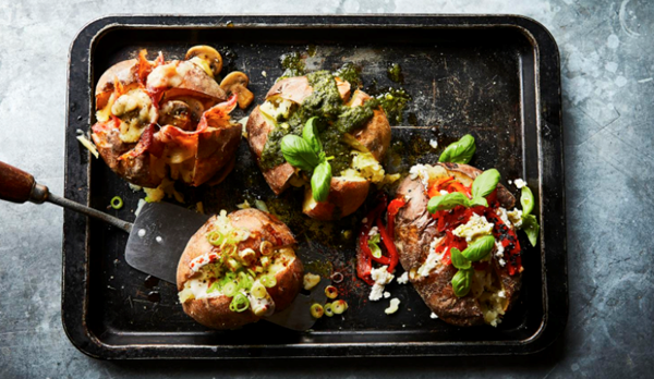 Posh jacket potatoes 1: red pepper & goat's cheese topping