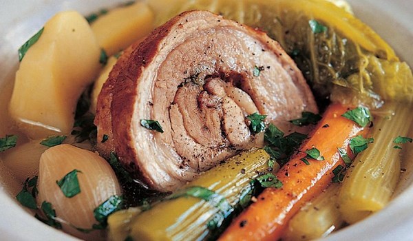 Pot-au-feu of braised pork belly