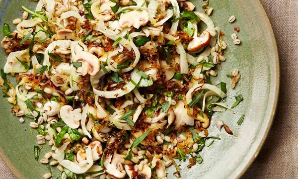 Pot barley and mushroom salad with crisp caraway onions