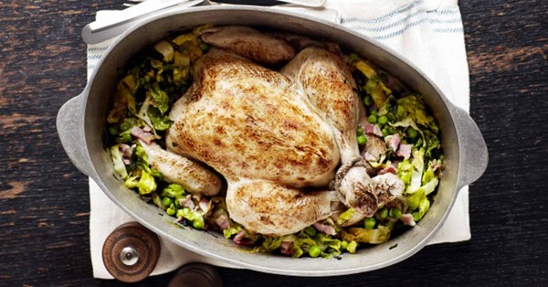 Pot-roast chicken with bacon, peas and lettuce