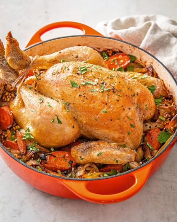 Pot-roast chicken with barley