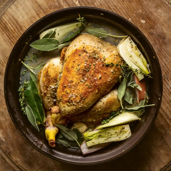 Pot-roast chicken with fennel and cider broth