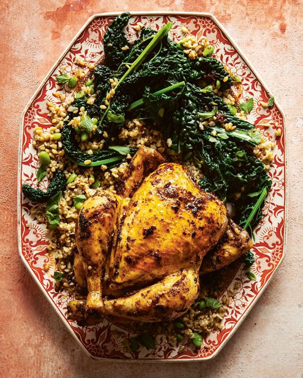 Pot-roast chicken with freekeh and greens 