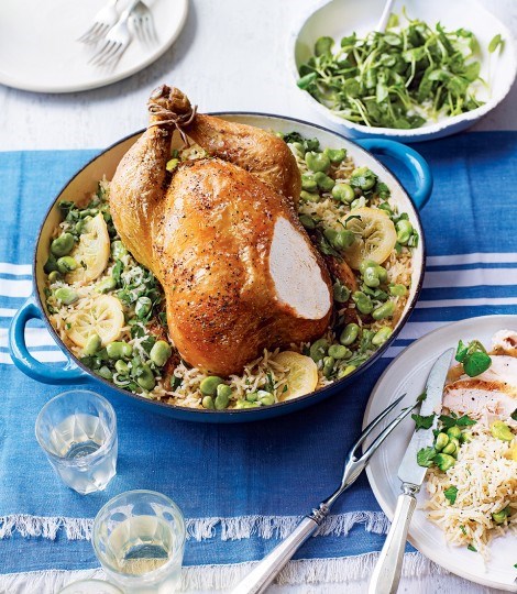 Pot-roast chicken with pilaf rice, broad beans and lemon