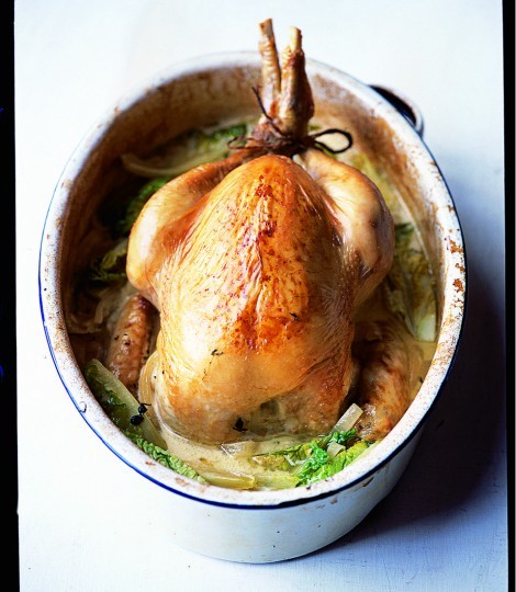Pot-roast cider chicken with creamy onions and little gem lettuce