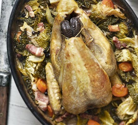 Pot-roast guinea fowl with cabbage and bacon