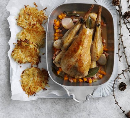 Pot-roast guinea fowl with parnip rosti