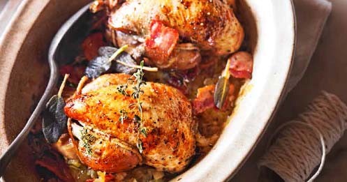 Pot-roast partridge with herbed spelt