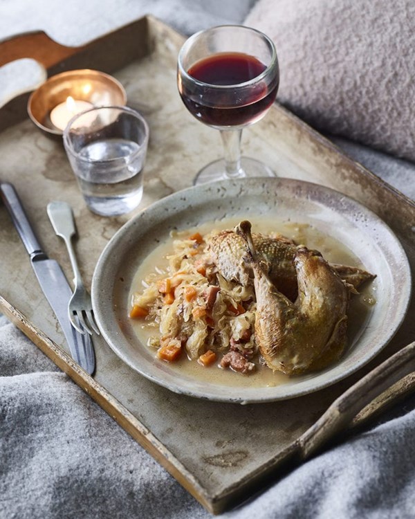 Pot-roast pheasant in Riesling