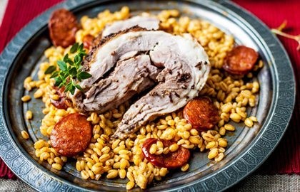 Pot-roast spiced shoulder of lamb with chorizo and pearl barley