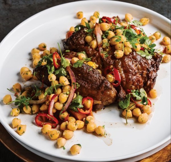 Pot roast with charred onion and chickpea salad