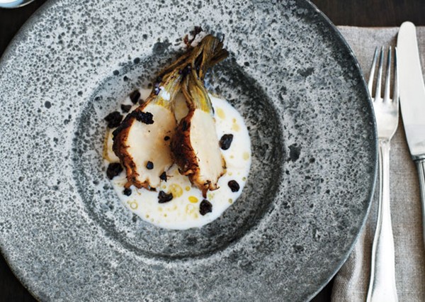 Pot-roasted celery root with olives and buttermilk