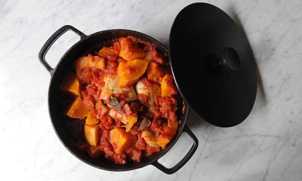 Pot-roasted chicken with butternut squash and sage