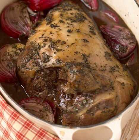 Pot-roasted leg of lamb with gooseberry, mint and sage jelly
