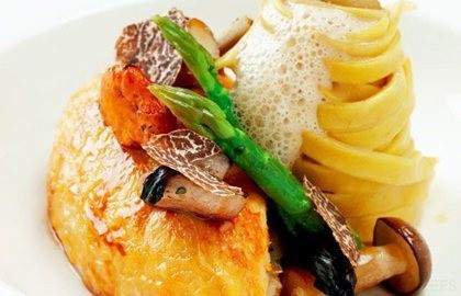Pot-roasted maize-fed chicken with wild mushrooms, asparagus spears and truffle tagliatelle