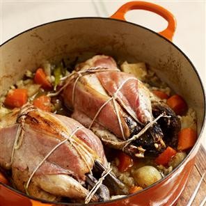 Pot-roasted pheasant with pearl barley and root veg