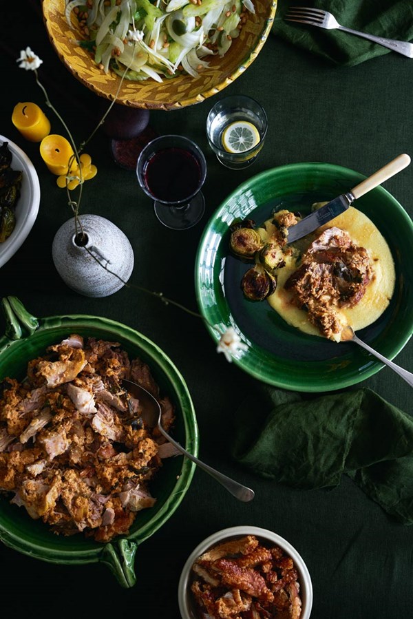Pot-roasted pork shoulder in milk, lemon sage & fennel seeds with soft polenta