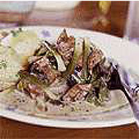 Pot-roasted rabbit with baby leeks and pommes vapeur 