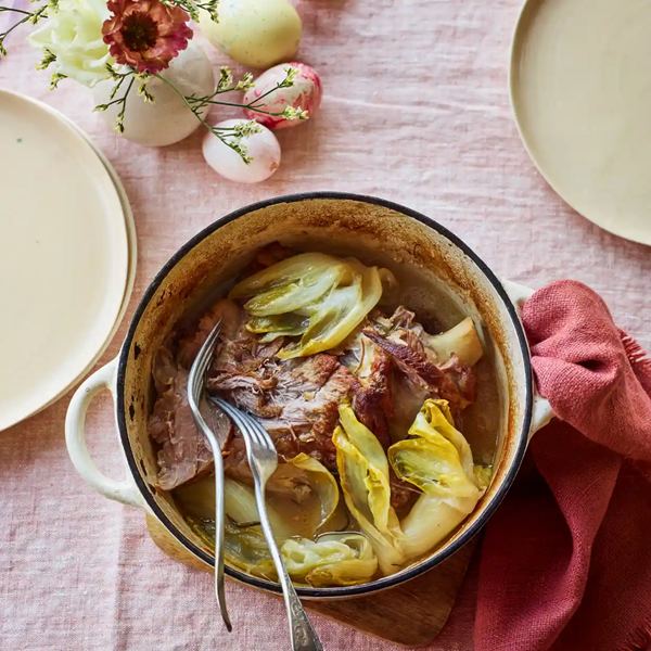 Pot-roasted shoulder of lamb with endives