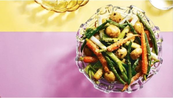Pot-roasted vegetables with green peppercorns and Dijon