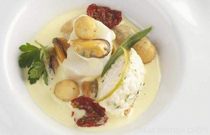 Potage of mussels and salt cod with Whitby crab croutes