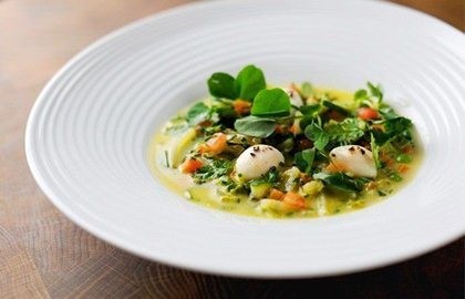 Potage of vegetables with poached duck egg and fresh herbs