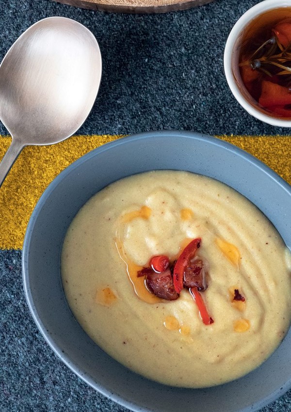 Potato & bacon chowder with chorizo, rosemary & chilli oil