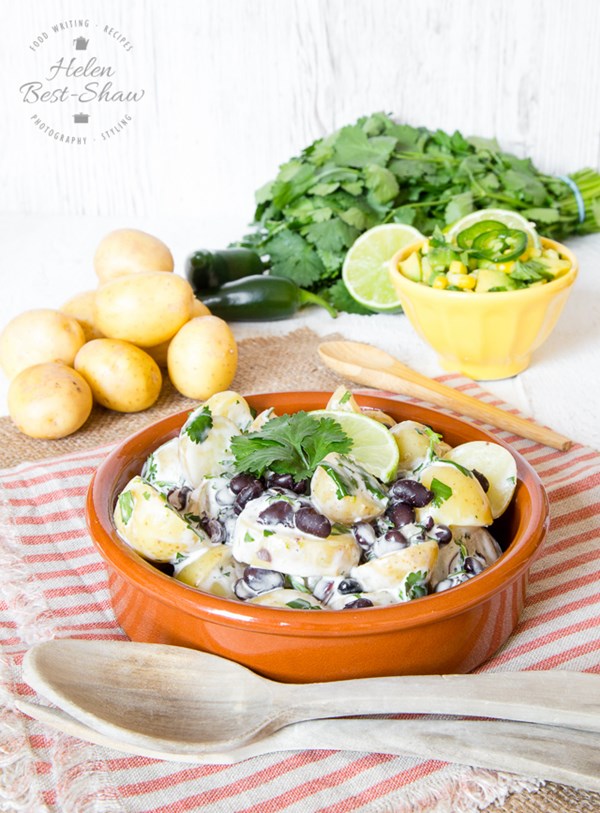 Potato & black bean salad with an avocado and sweetcorn salsa