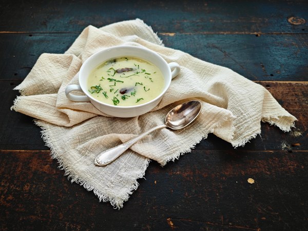 Potato & leek soup with prunes