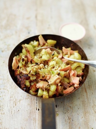 Potato & smoked trout hash with creamy horseradish dressing