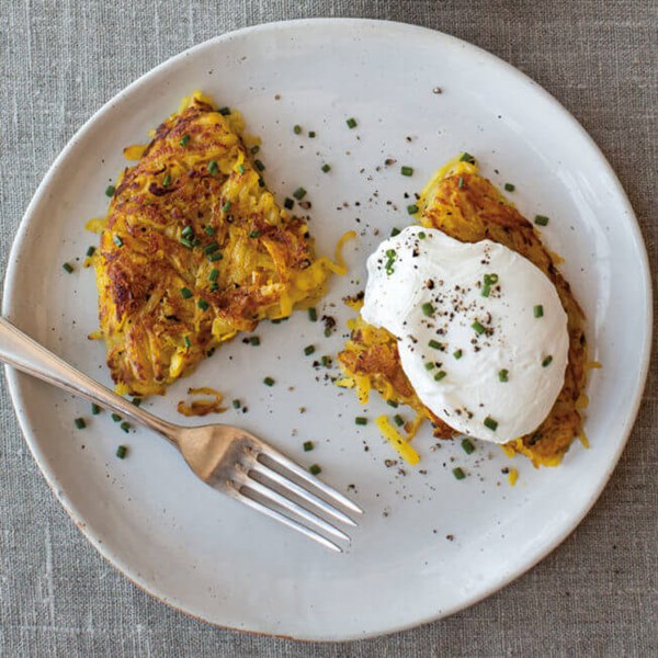 Potato and beet rösti with poached eggs