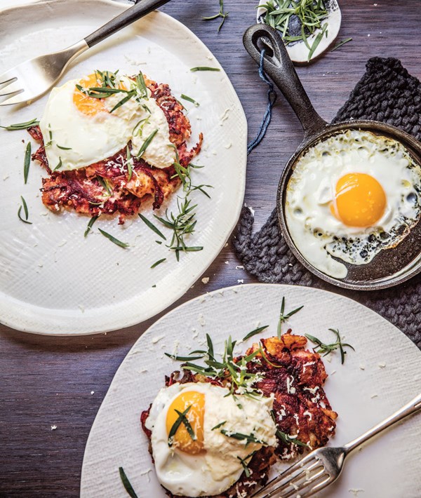 Potato and beetroot roestis with horseradish cream and eggs