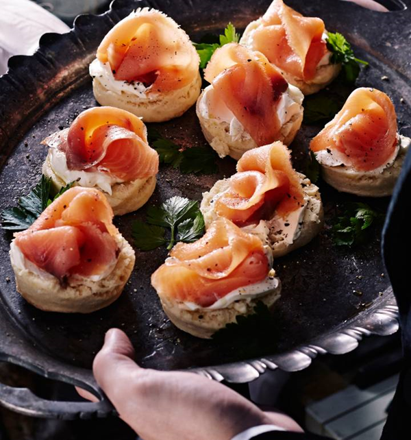 Potato and black pepper scones with soured cream and smoked salmon