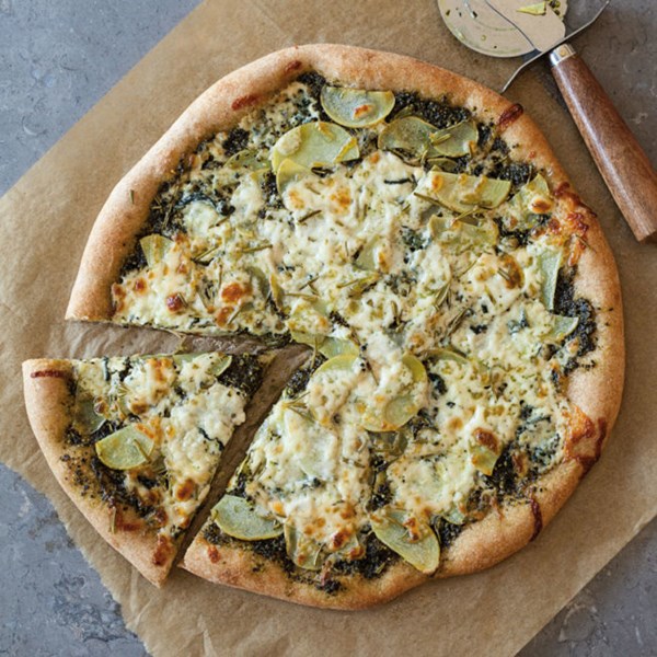 Potato and blue cheese pizza with kale pesto