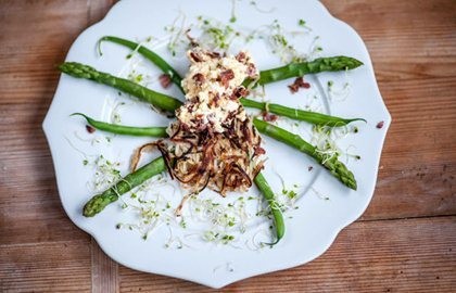 Potato and celeriac spider with bacon and egg mayonnaise