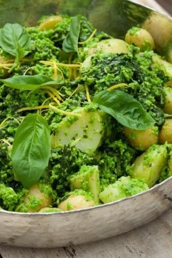 Potato and chard salad with pea pesto